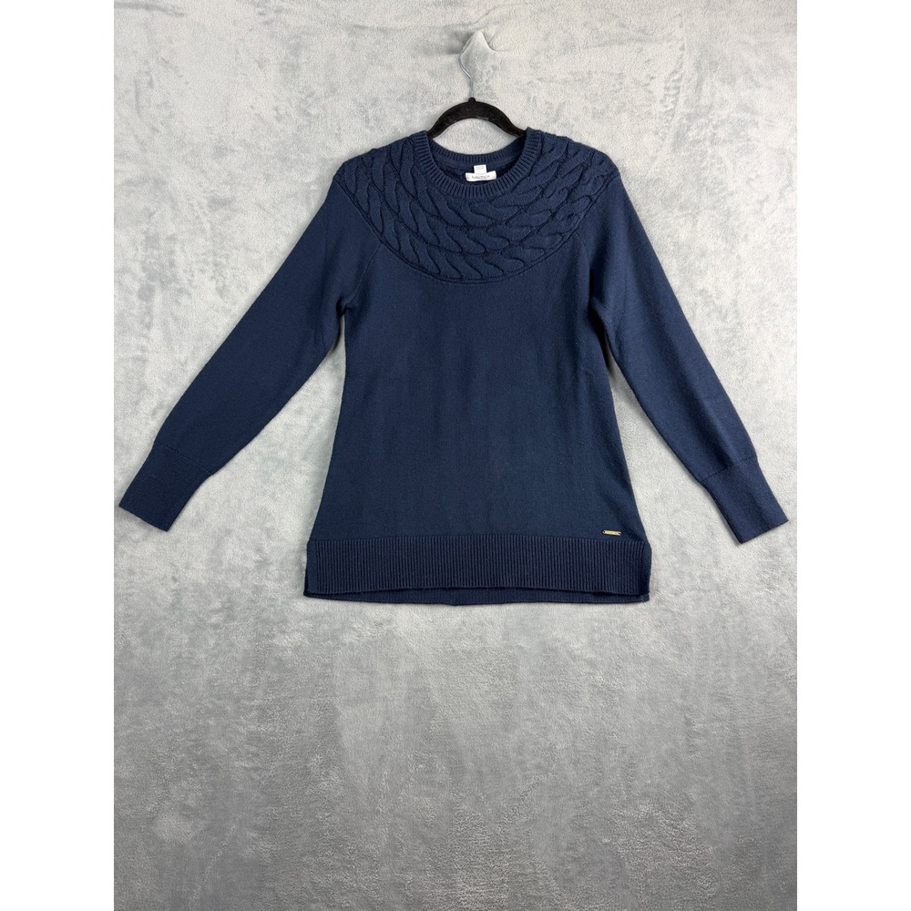 Nautica Womens Medium Navy Blue Sweater Cable Knit Yoke Cotton Blend Luxury